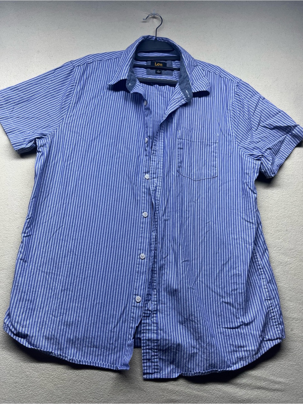 Lee Men’s Blue and White Vertical Stripe Short-Sleeve Button-Down Shirt